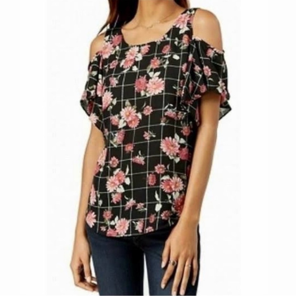 BCX Windowpane Flutter Sleeve Blouse with Cut Out Design